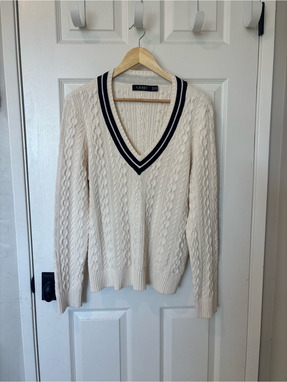 Lauren Ralph Lauren Cream Cable-Knit V-Neck Sweater with Navy Stripe